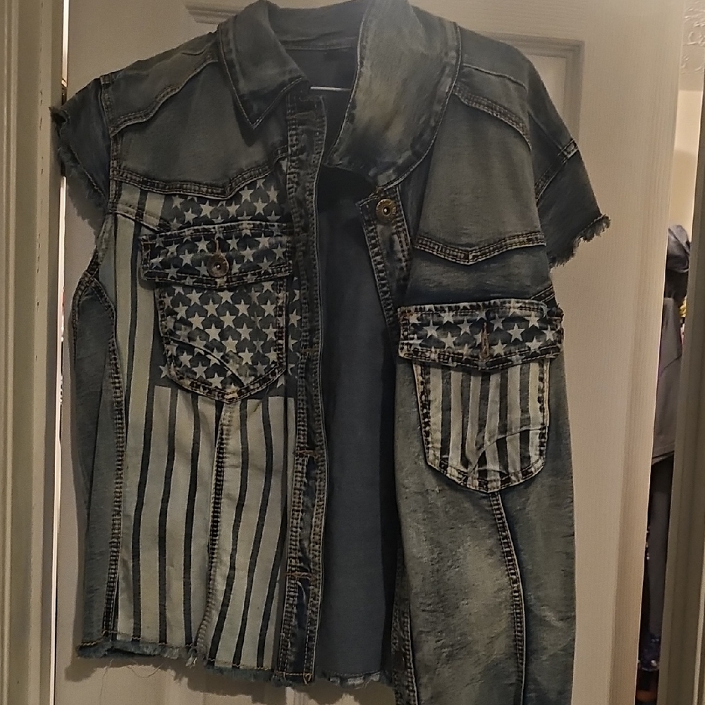 Ashley Stewart Blue Jean Jacket with Star and Stripe Design